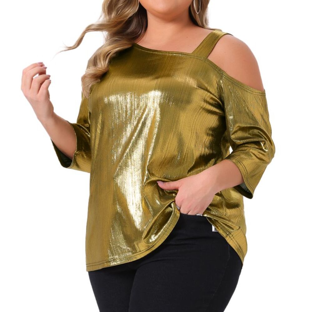 Plus Size Metallic Tops One Shoulder 3/4 Sleeves Sparkle Blouse Gold